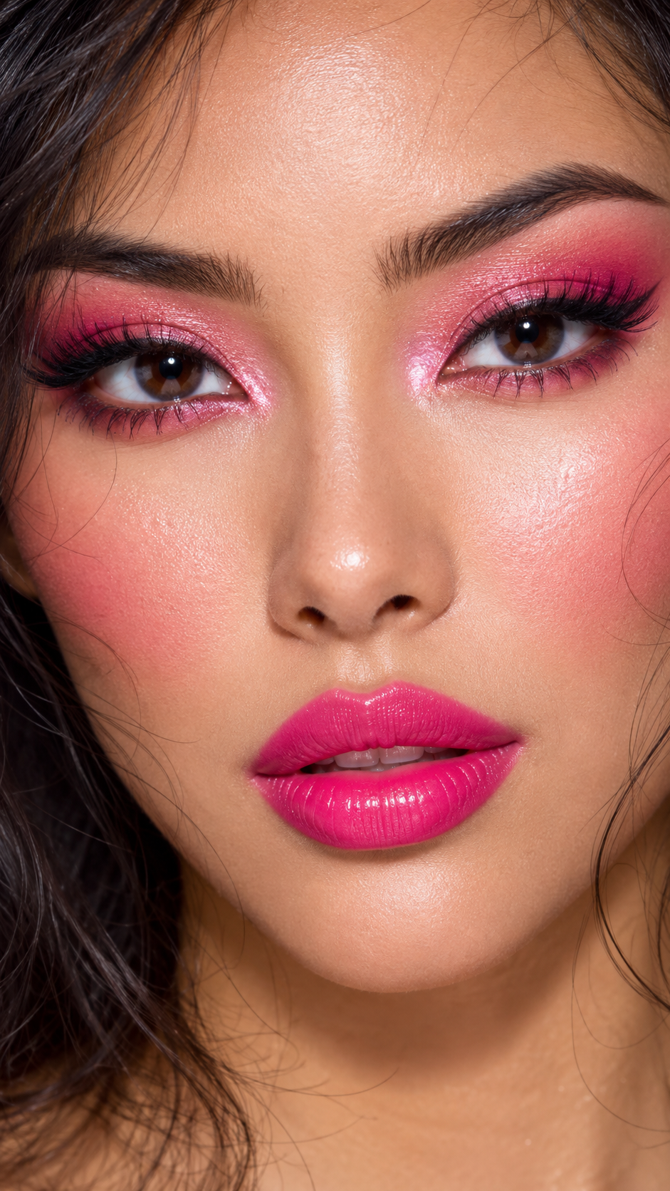 Close-up portrait of a woman wearing a bold monochromatic pink makeup look