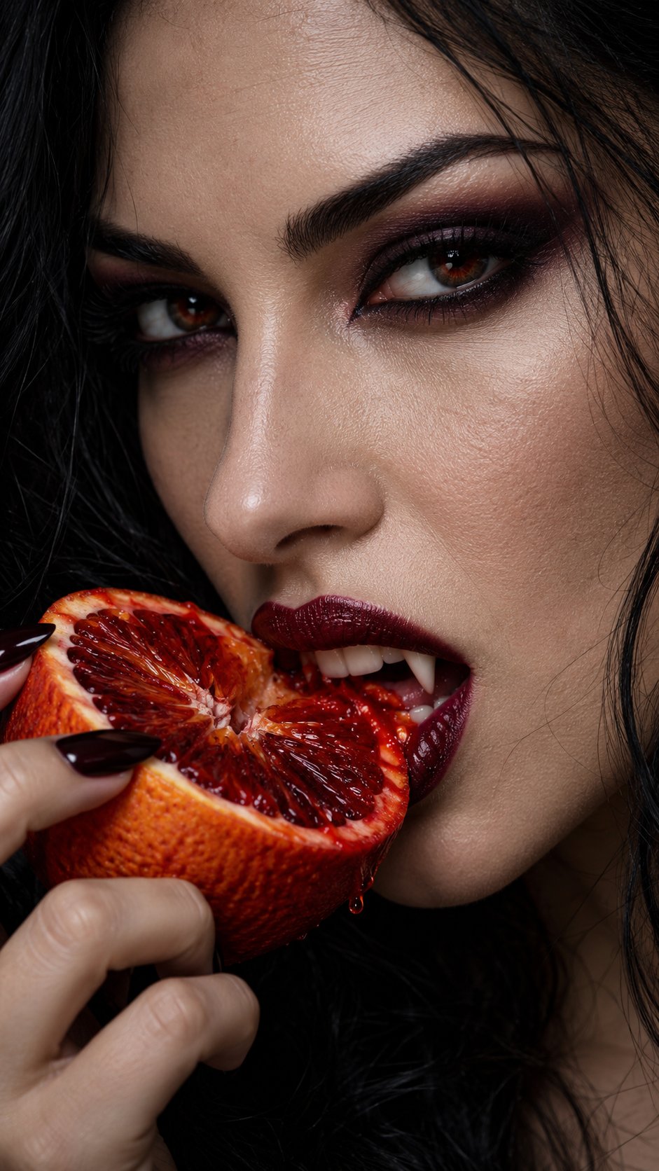 Vampire woman with sharp fangs bites into a juicy dripping blood orange close up