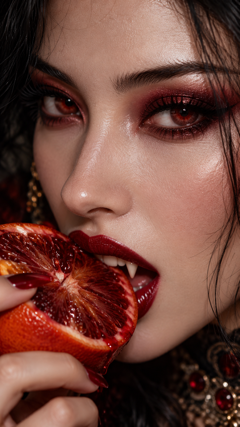 Close-up portrait of a vampire woman biting into a ripe sliced blood orange