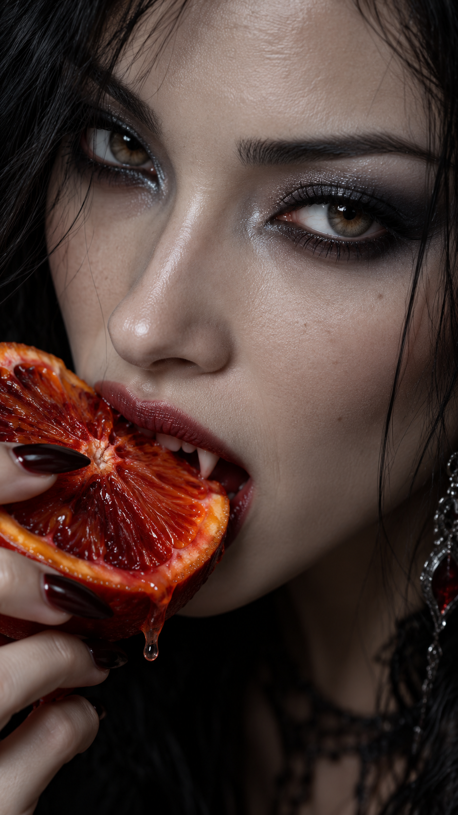Gothic vampire woman biting a dripping blood orange slice in a close up portrait