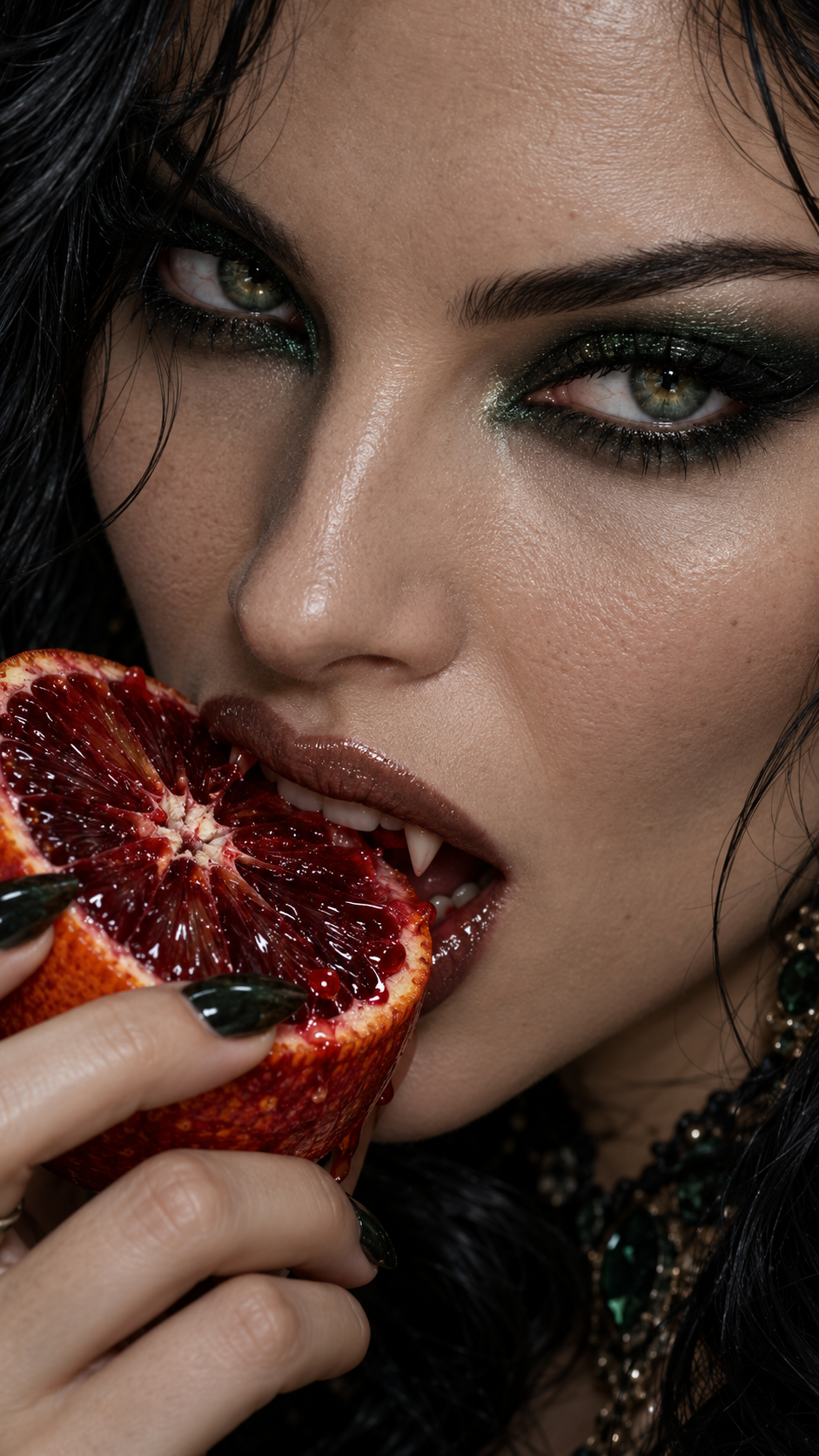 Close up portrait of a vampire woman biting into a juicy sliced blood orange.