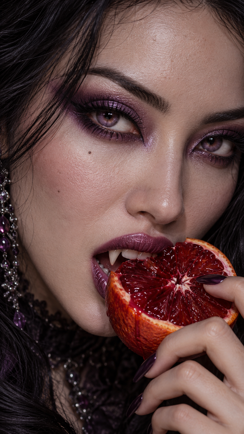 Gothic vampire woman with fangs bites into a fresh, glistening blood orange slice