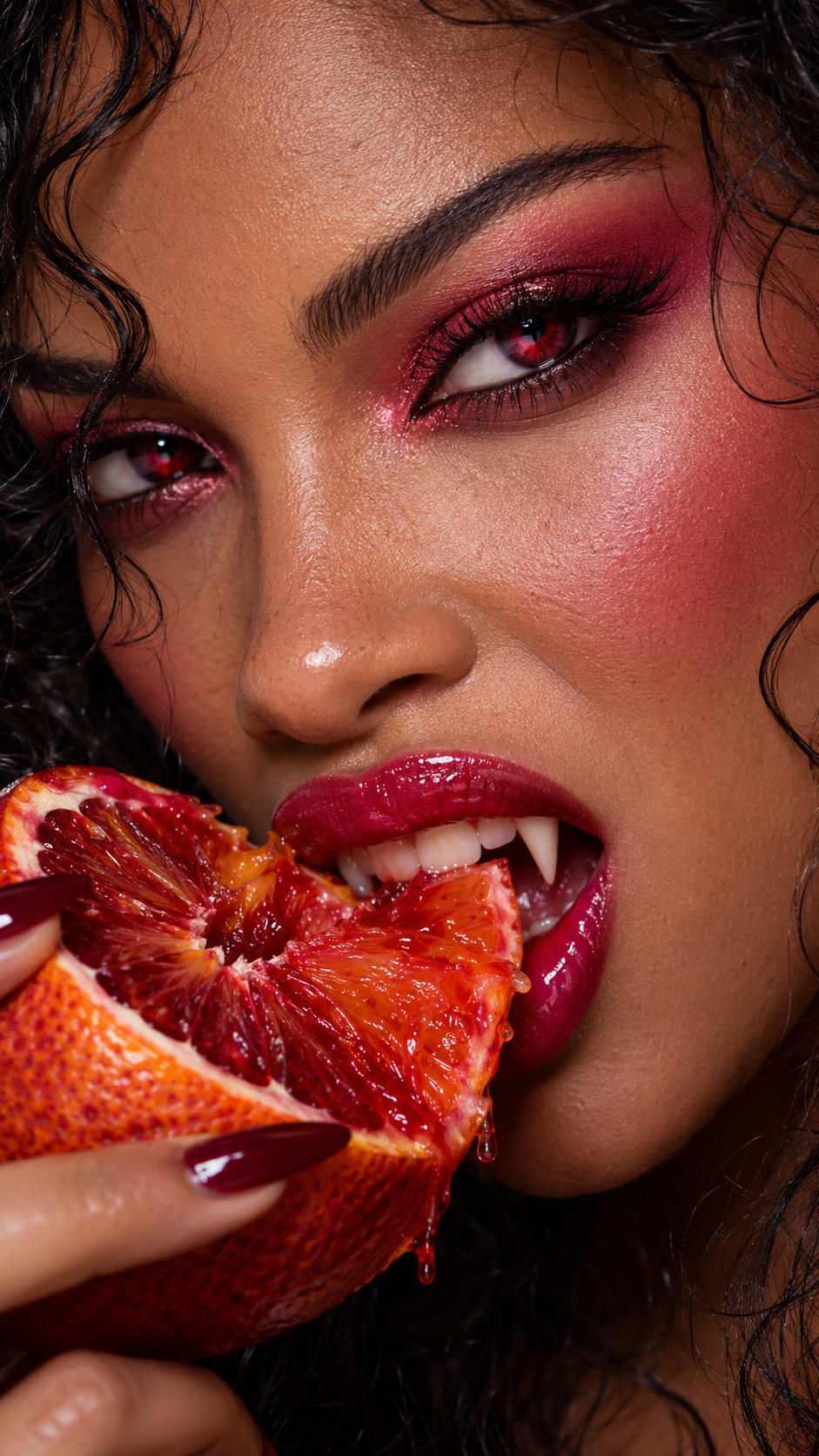 Woman with vampire fangs and red makeup biting into a dripping blood orange
