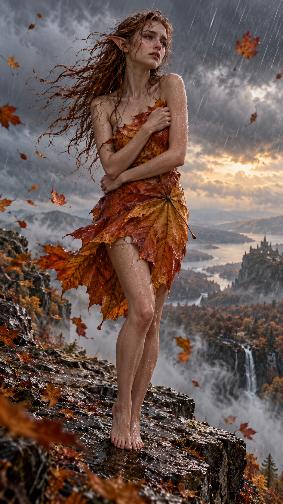 Elven woman in a maple leaf dress stands on a rocky cliff as autumn leaves blow in rainy storm winds