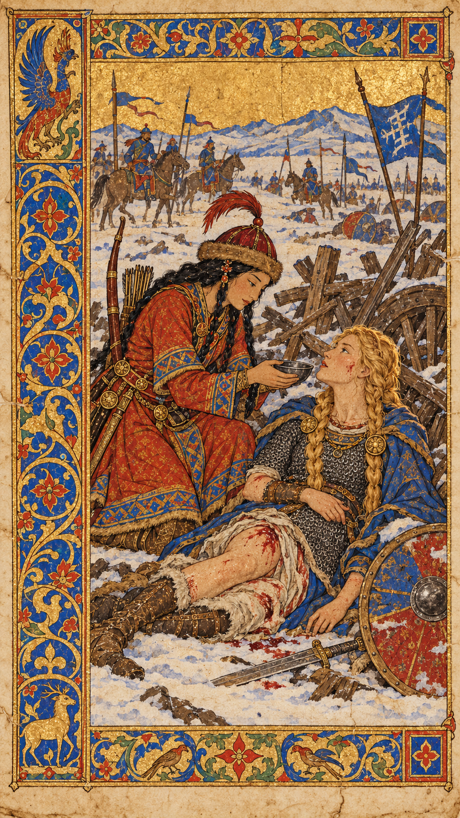 Ornate medieval illuminated manuscript showing a woman offering water to a wounded female warrior on a snowy battlefield