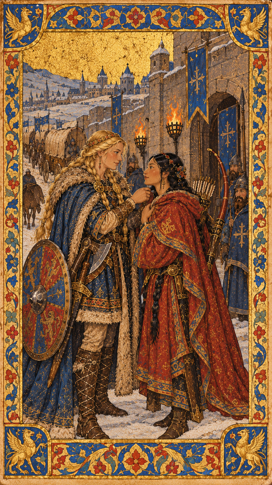 Tender moment between two warrior women in ornate medieval manuscript art outside a snowy castle gate