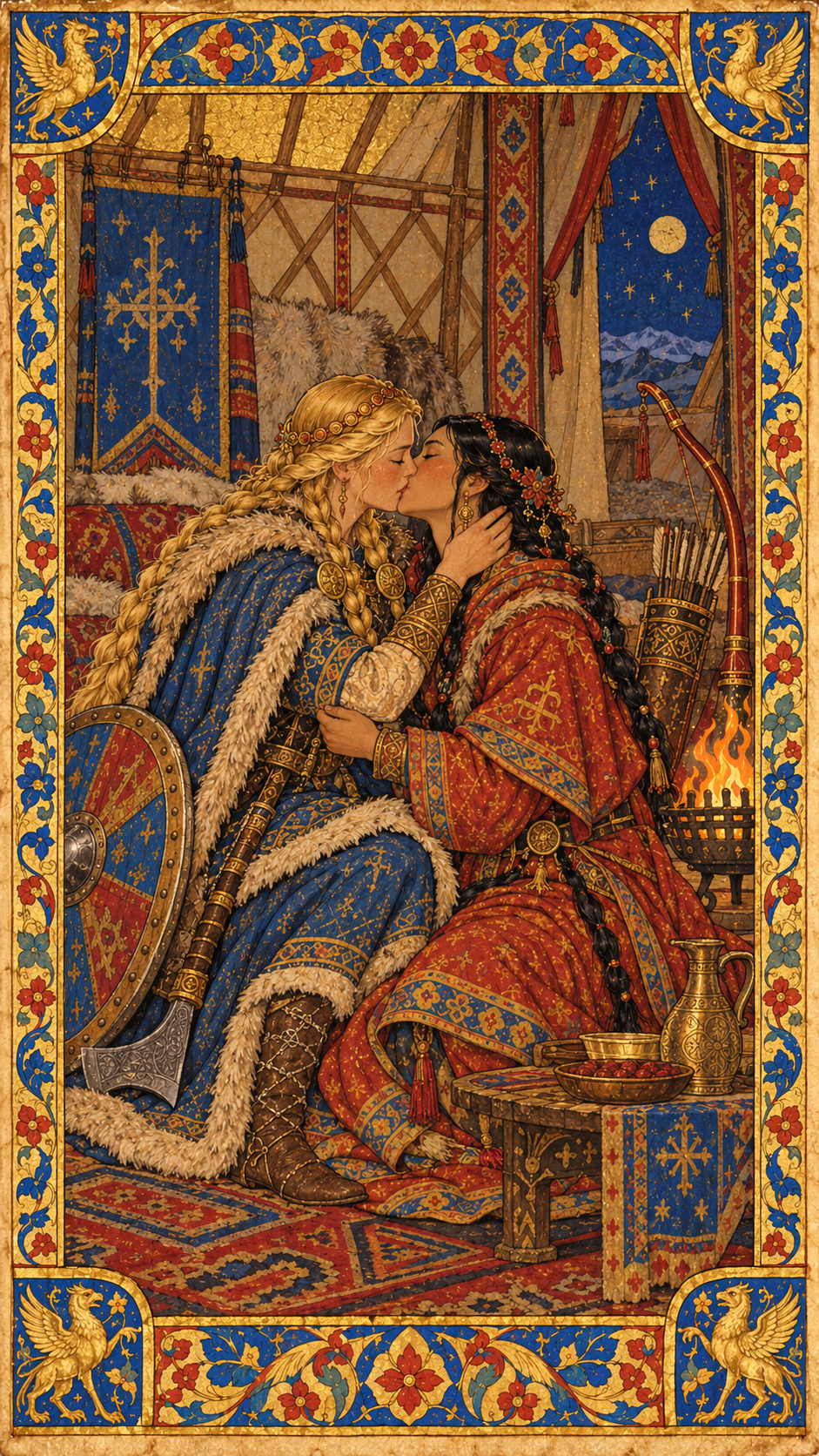 Two medieval warrior women share a tender kiss inside an ornate nomadic tent in illuminated manuscript style