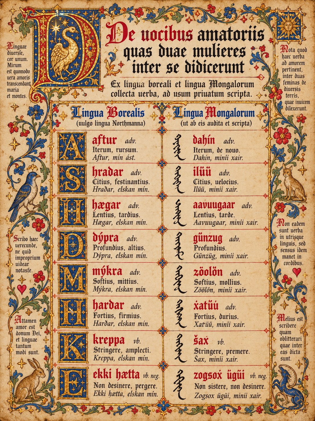 Ornate illuminated medieval manuscript page displaying side-by-side Northmanna and Mongolian vocabulary entries