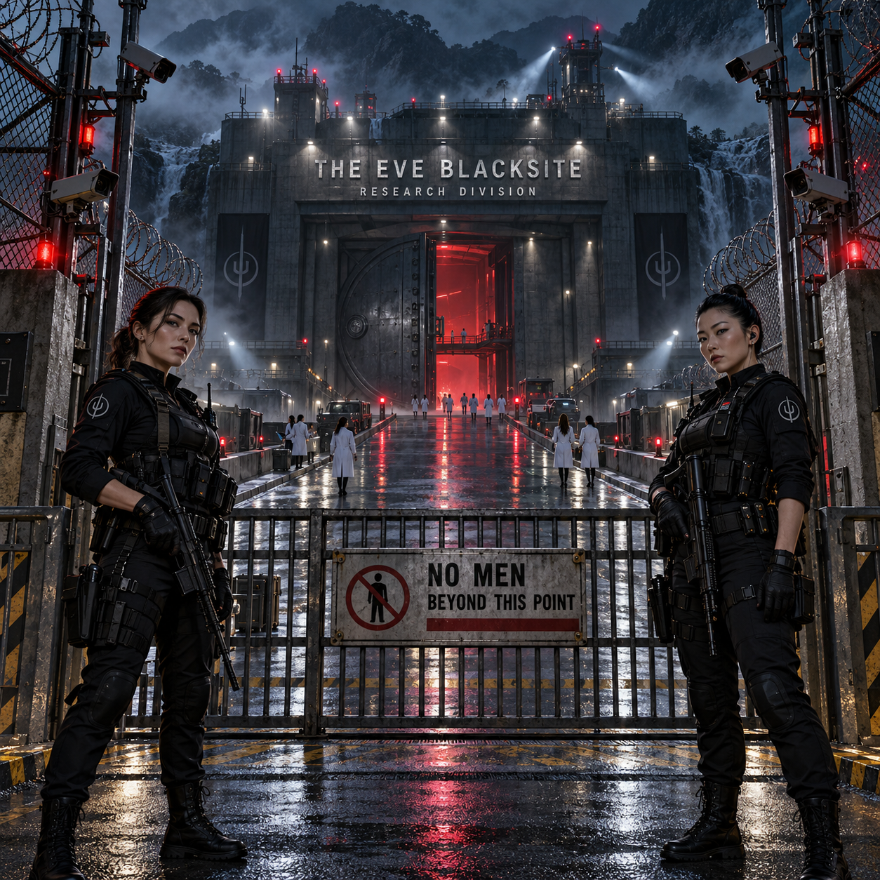 Two armed female tactical guards stand at the gated entrance to The Eve Blacksite research facility