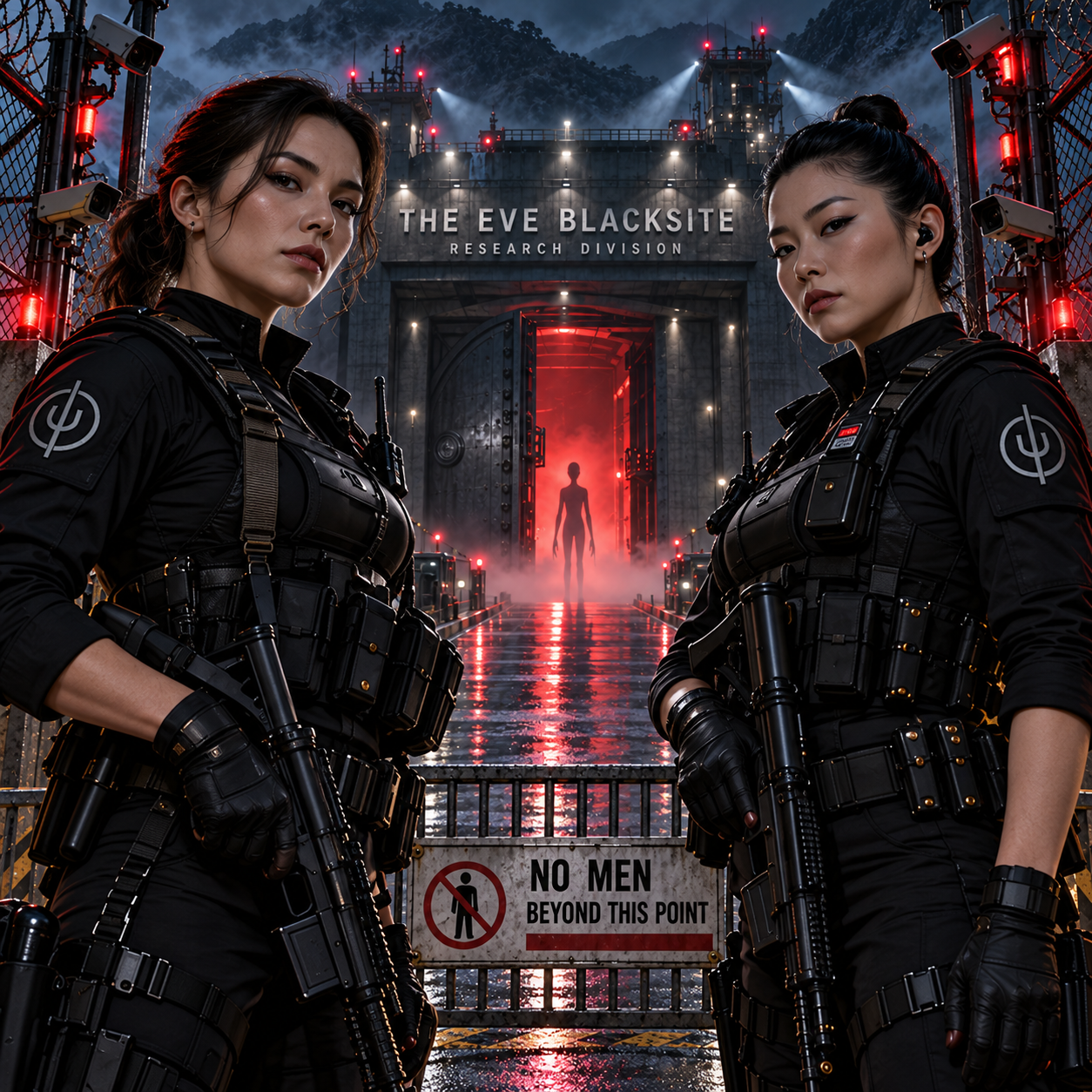 Two armed female tactical guards stand at the entrance of a secret research blacksite, with an alien silhouette inside the