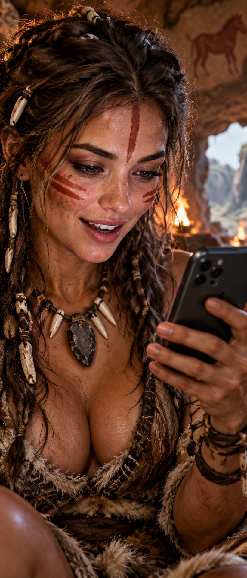Prehistoric cavewoman with red face paint smiles while using a modern smartphone inside a cave dwelling