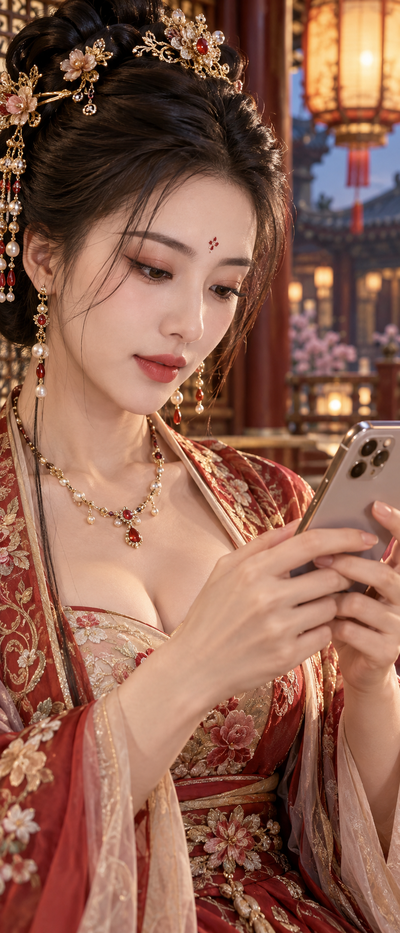 Woman in ornate red hanfu looking down at a smartphone in a lantern-lit traditional Chinese palace setting