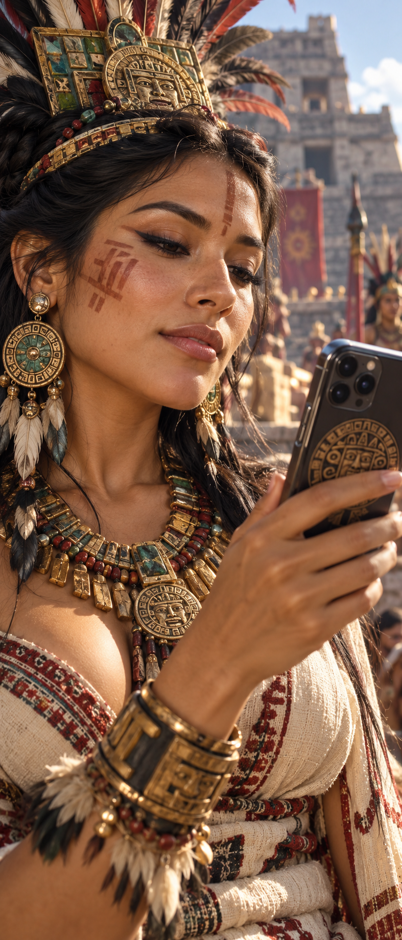Aztec noblewoman in full traditional ceremonial regalia looks at a smartphone with a stone pyramid in the background