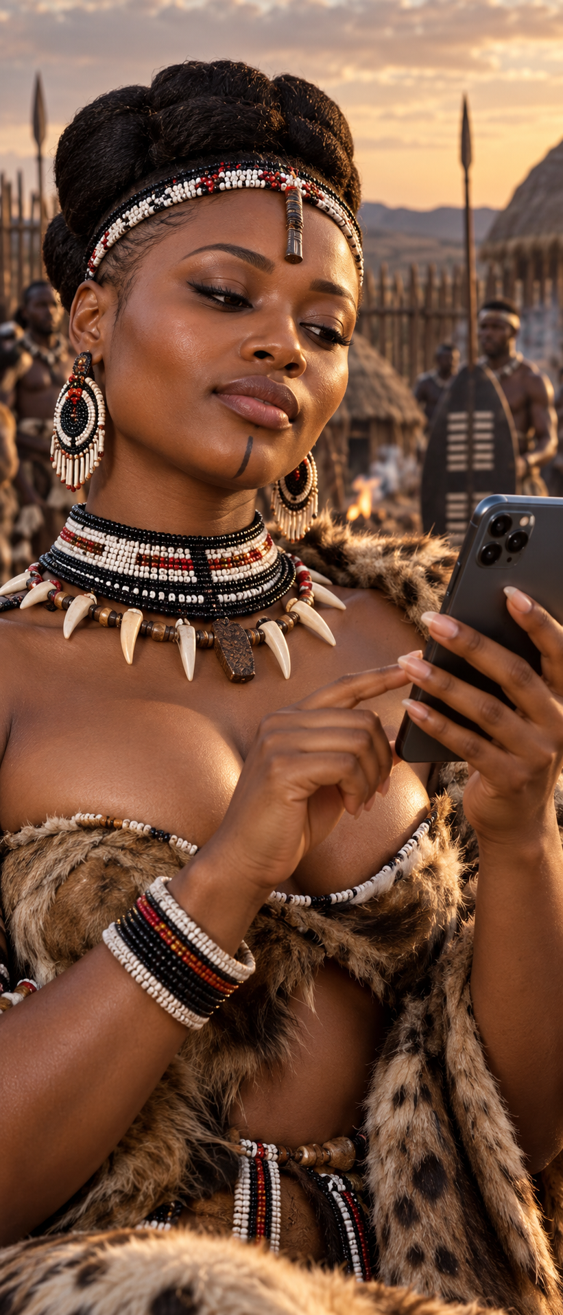 Woman in ornate traditional African attire uses a smartphone in a village at golden sunset