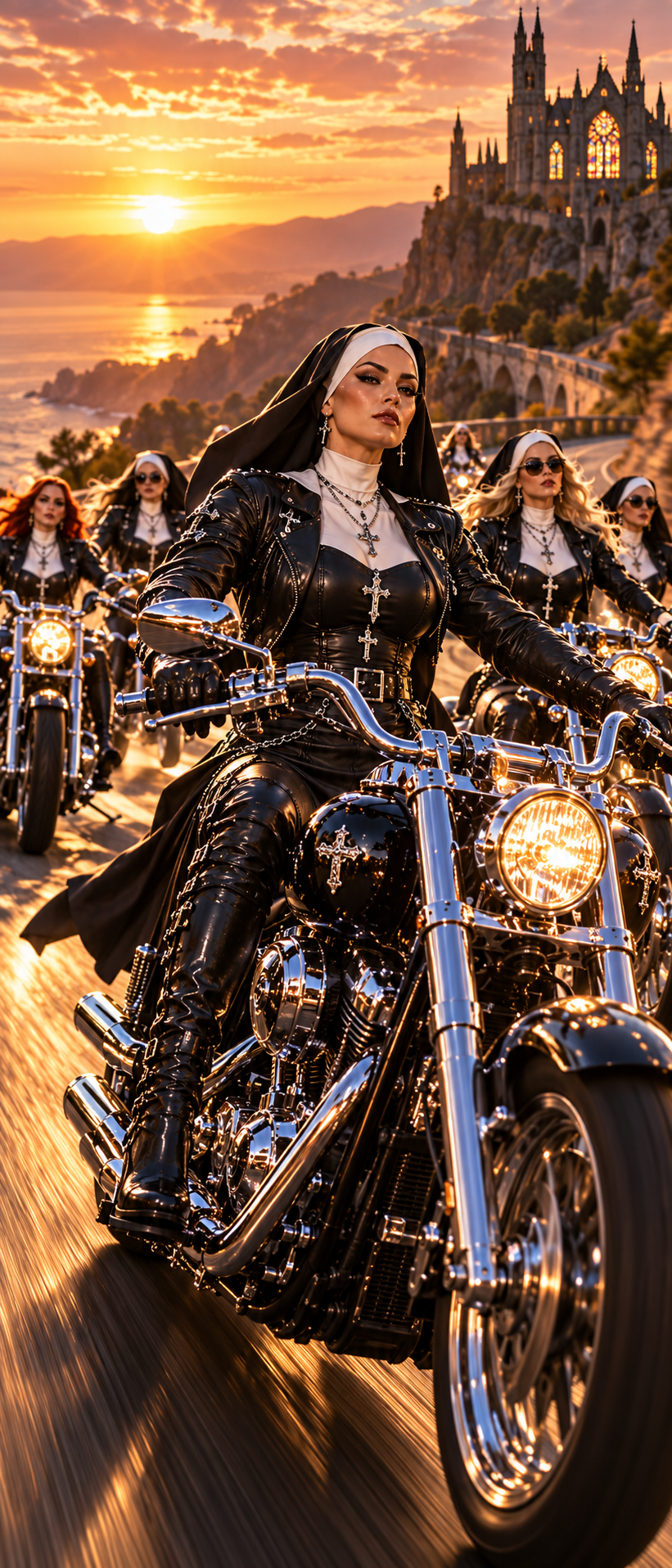 Edgy leather-clad biker nun stands — AI art by @germancowboy | BudgetPixel