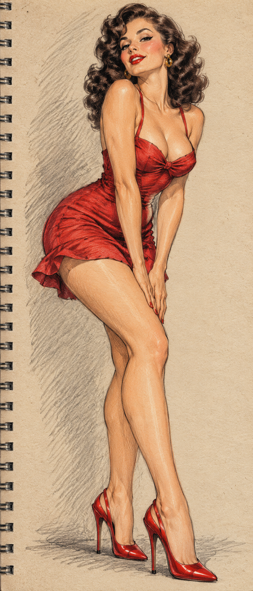 Retro pinup sketch of a glamorous woman in a short red dress and matching stilettos leaning playfully against a sketchbook