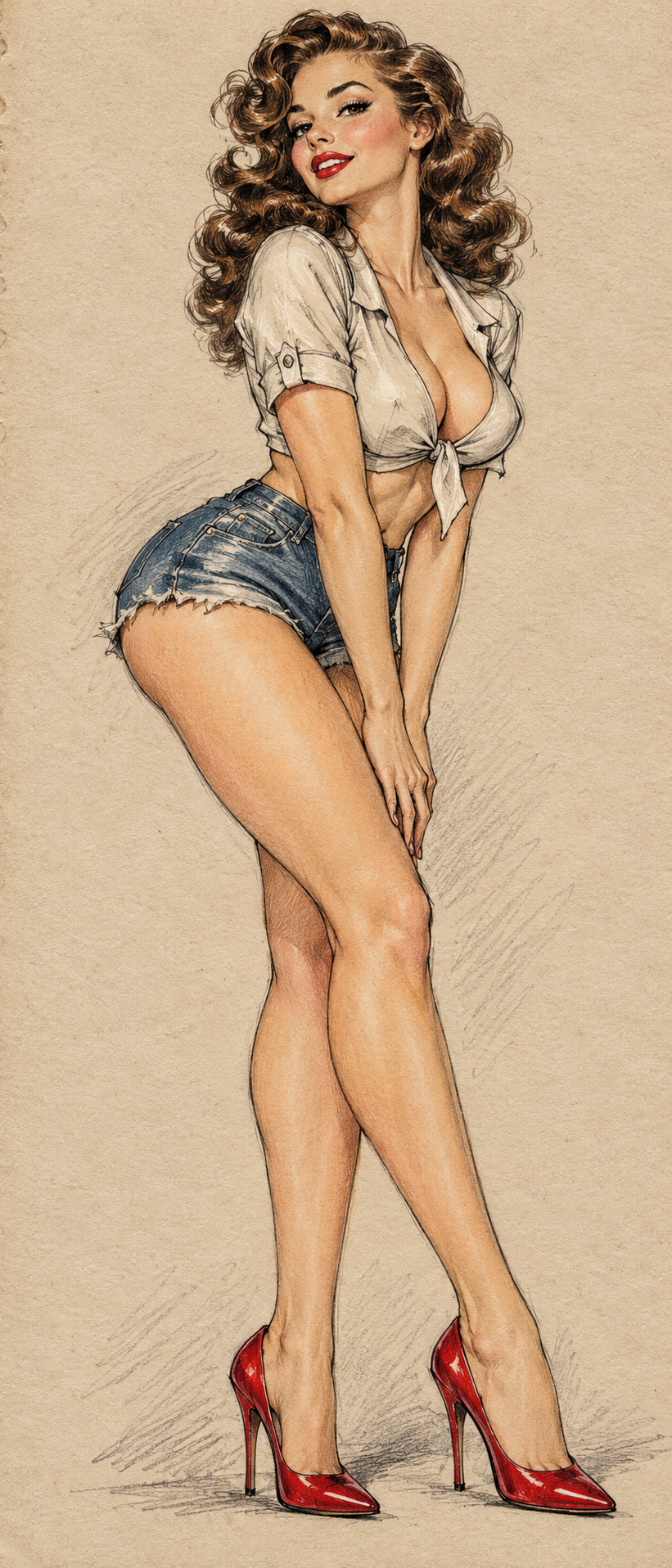 Vintage retro pinup illustration of a curly haired woman posing in cutoff shorts and red stiletto heels