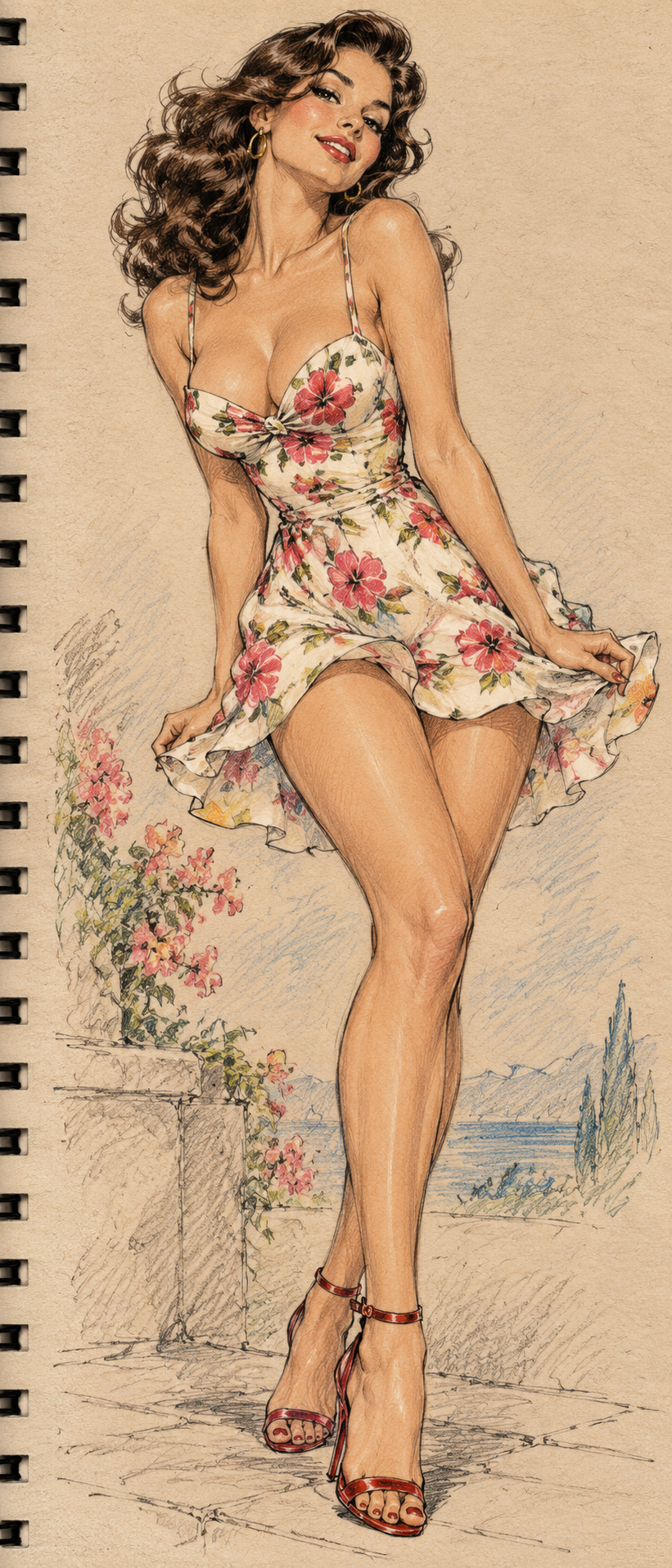Retro pinup sketch of a woman in a short floral dress posing on a coastal terrace