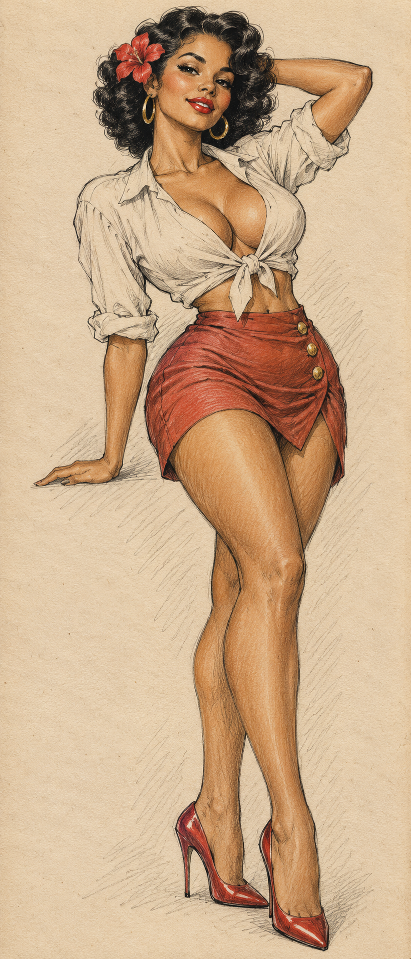 Vintage pinup sketch of a glamorous woman with a hibiscus flower tucked in her curly dark hair