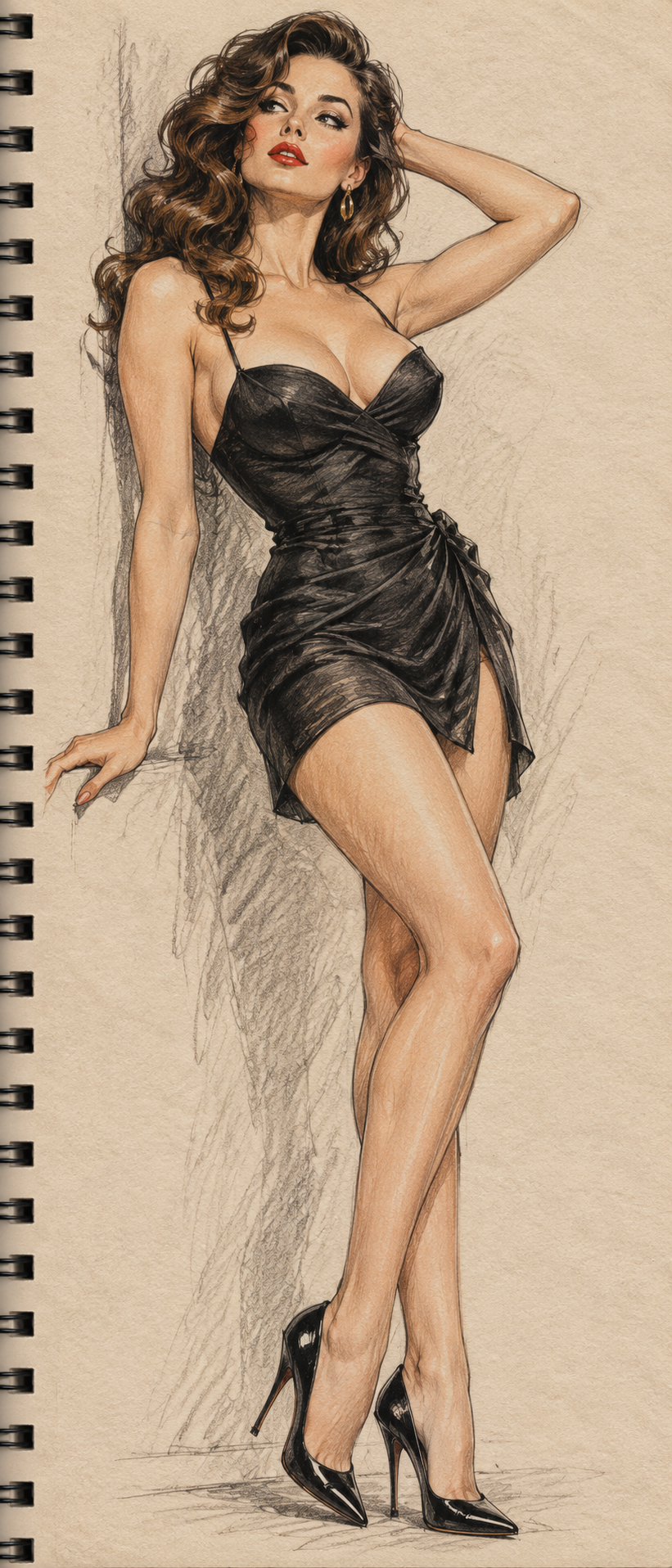Glamorous retro woman in a black mini dress poses in a pencil sketch on sketchbook paper