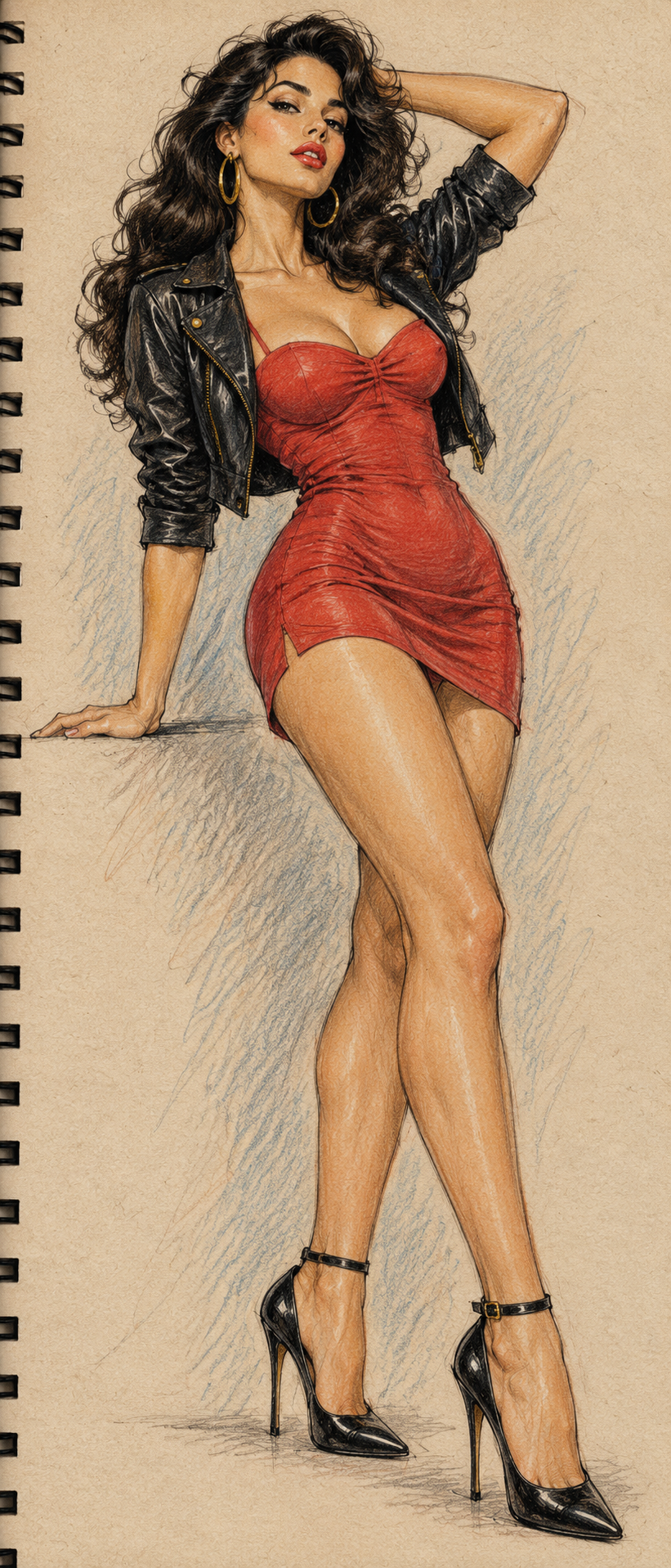 Colored pencil fashion sketch of a glamorous woman in a red mini dress and leather jacket posing on a sketchbook page