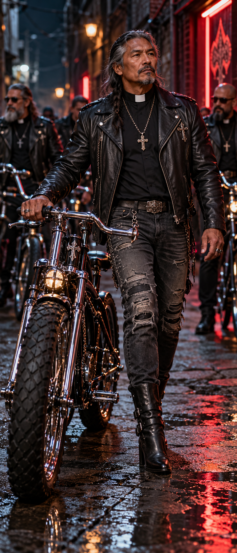 Silver-haired biker priest walks with a custom chrome chopper down a wet neon-lit city alley at night