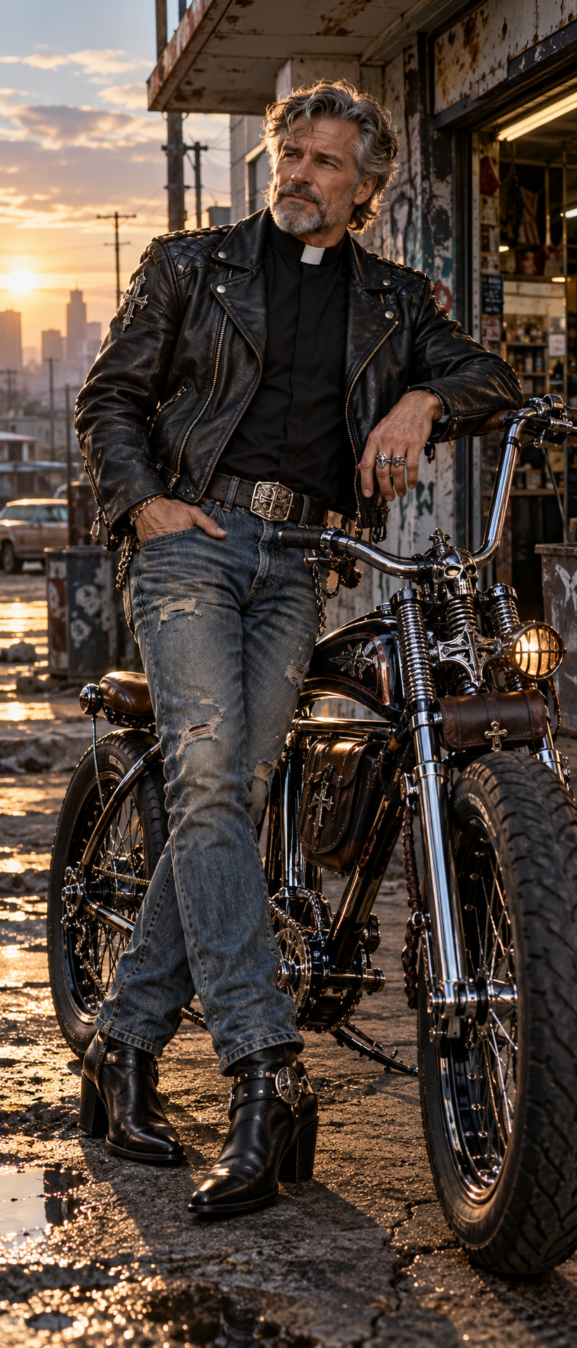 Rugged gray-haired priest in a leather biker jacket leans on a custom chopper during golden hour sunset