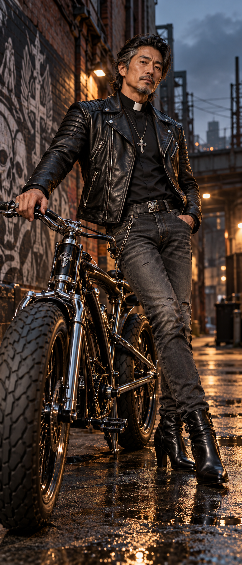 Middle-aged East Asian priest in biker leathers leans on a custom cruiser bike in a wet industrial alley at dusk