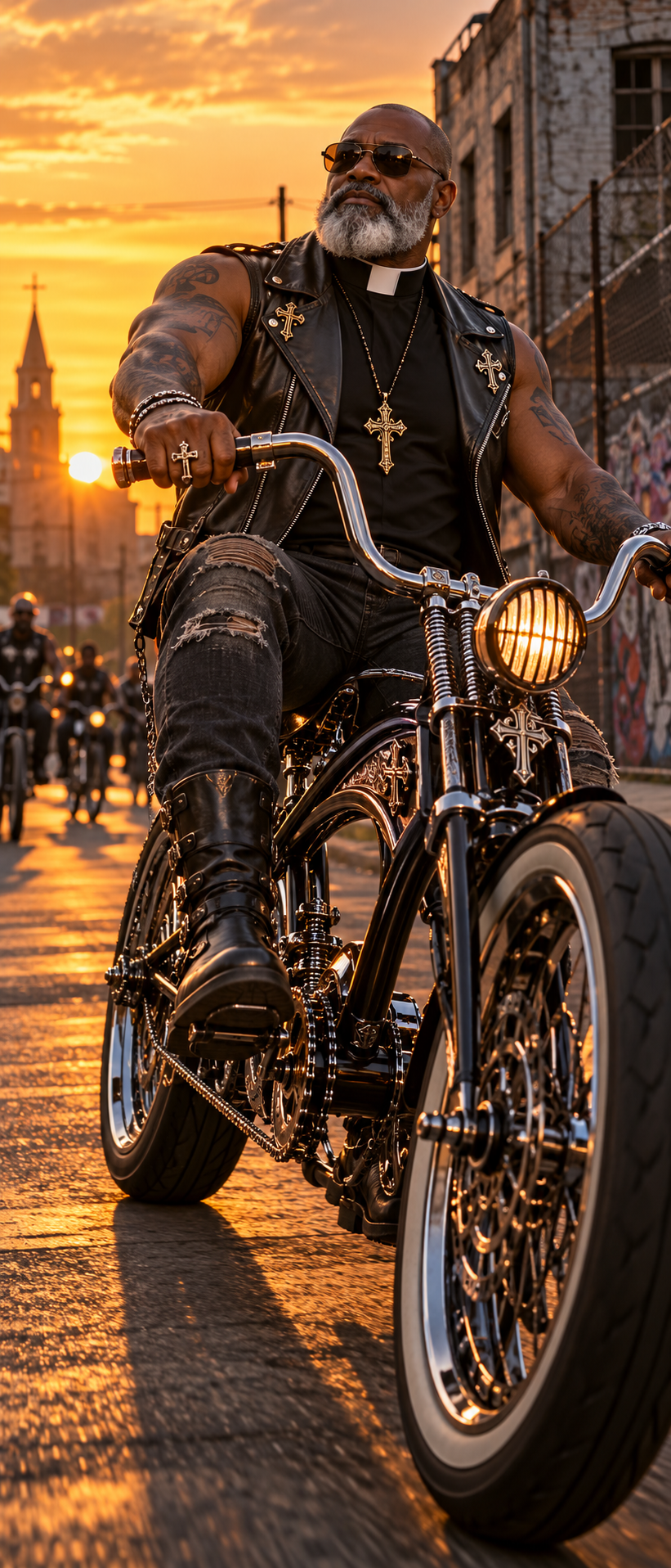 Muscular bearded priest in leather gear riding a custom chopper down a city street at golden sunset