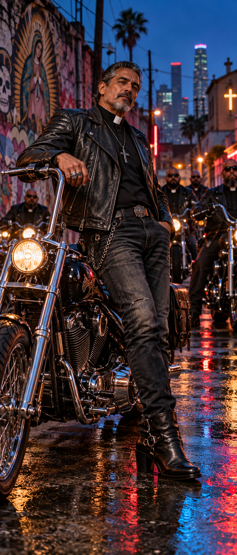 Older priest in a leather biker jacket leans on a chrome chopper on a rain-slicked Los Angeles street at dusk