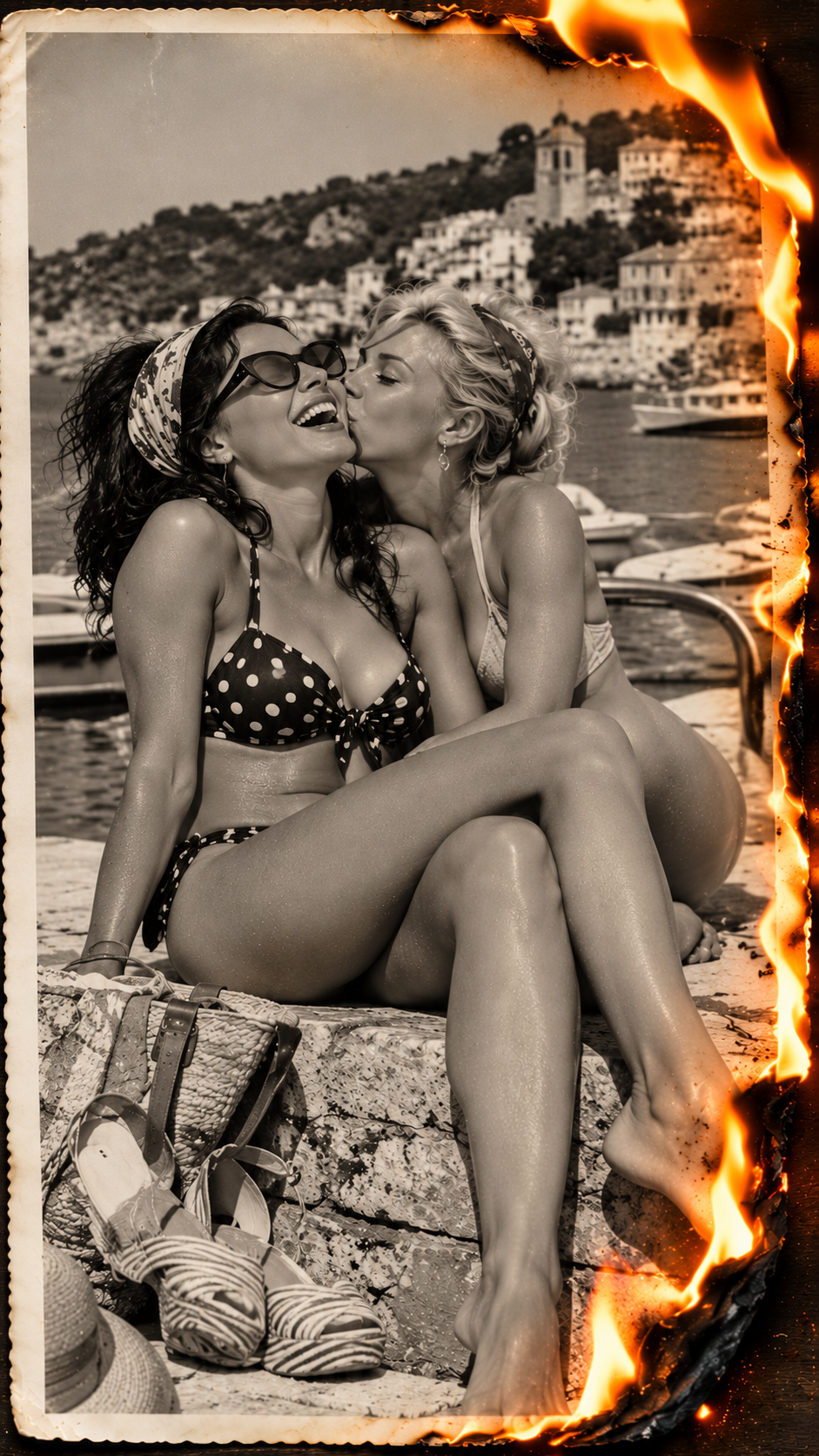 Burning vintage photo of two women sharing an affectionate playful moment on a Mediterranean waterfront dock