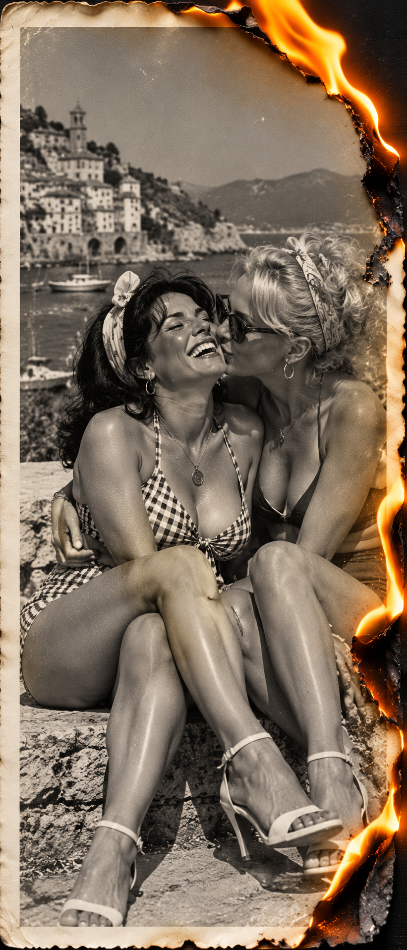 One woman kisses a laughing companion, shown as a burning vintage seaside vacation portrait.