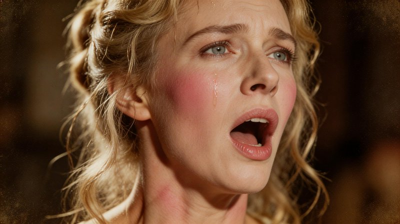 Close-up of a distressed woman crying, tear running down her cheek and pink makeup.