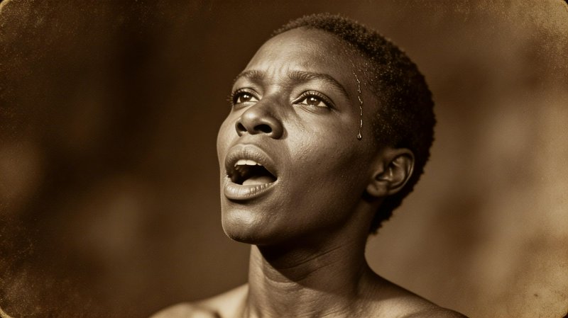 Close-up of a Black woman singer with short hair, mouth open in song, in a sepia-toned portrait.