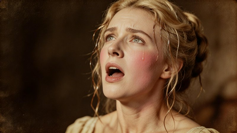 Close-up of a distressed woman with tears and pink blush, looking upward.