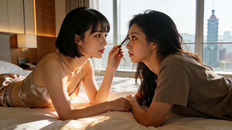 Two women lie on a bed facing each other in a sunlit hotel room, one gently touching the other's hair.