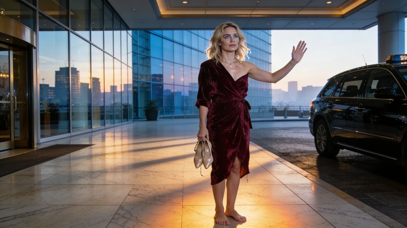woman in burgundy velvet dress waving barefoot at hotel entrance during sunset