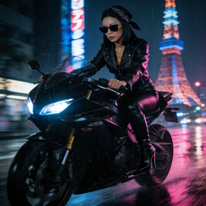 Woman in leather jacket riding a sleek black sport motorcycle in the rain at neon-lit city night.