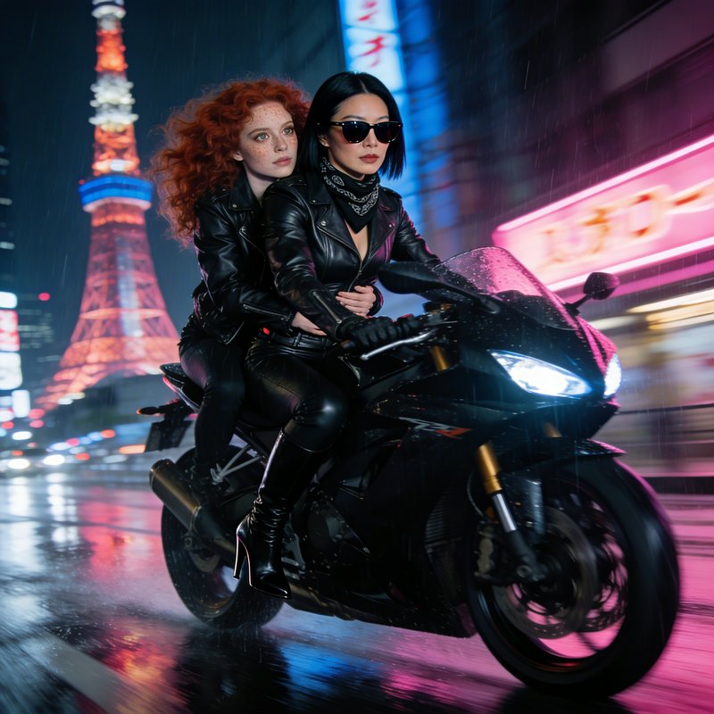 Two women ride a black sport motorcycle through a rainy neon-lit city at night with a Tokyo-like skyline.
