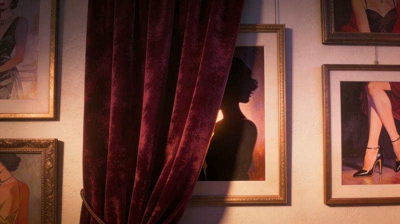 Velvet burgundy curtain partially hides a wall with framed fashion portraits and a silhouette shadow.
