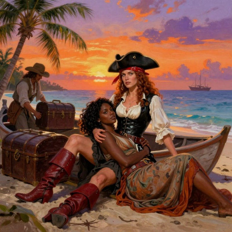 Pirate-themed scene on a tropical beach with treasure chests, a ship, and two women in period costumes.