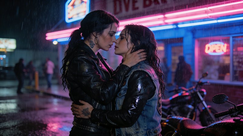 Two women in the rain share an intimate kiss under neon lights outside a diner.