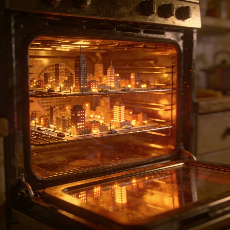 Miniature cityscape diorama glowing inside an oven with toy cars on elevated roads.