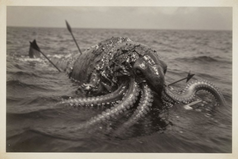 Black-and-white photo of a distressed octopus in the ocean with spears around its head.