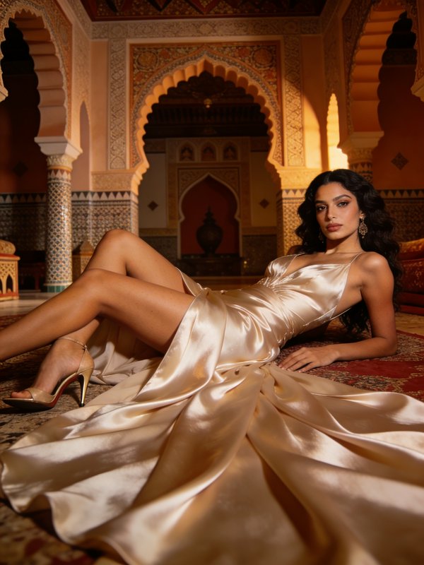 Elegant woman in champagne satin gown reclining on an ornate carpet inside a Moroccan-inspired palace.