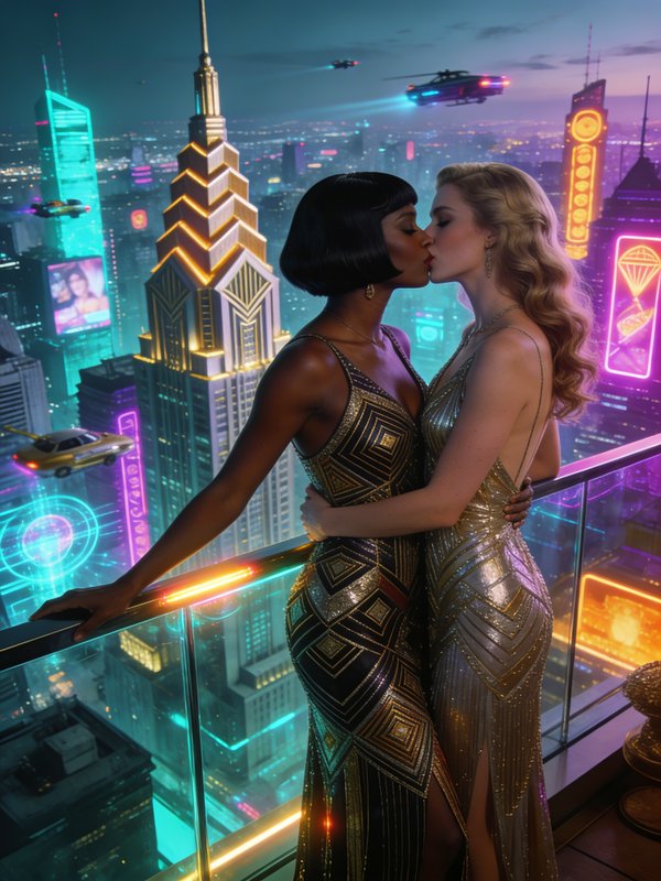 Two women in metallic evening gowns kiss on a neon-lit city rooftop balcony.