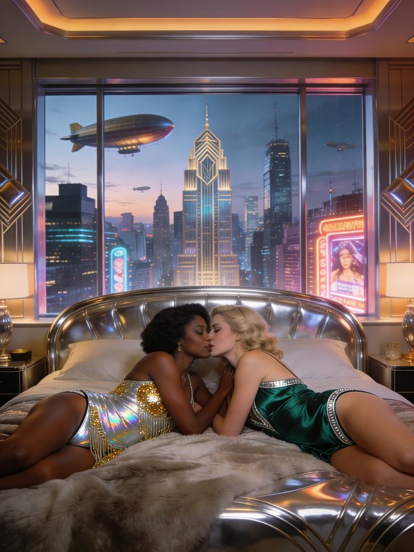 Two women in glamorous outfits kiss on a luxe bed with a neon-lit futuristic city skyline outside.