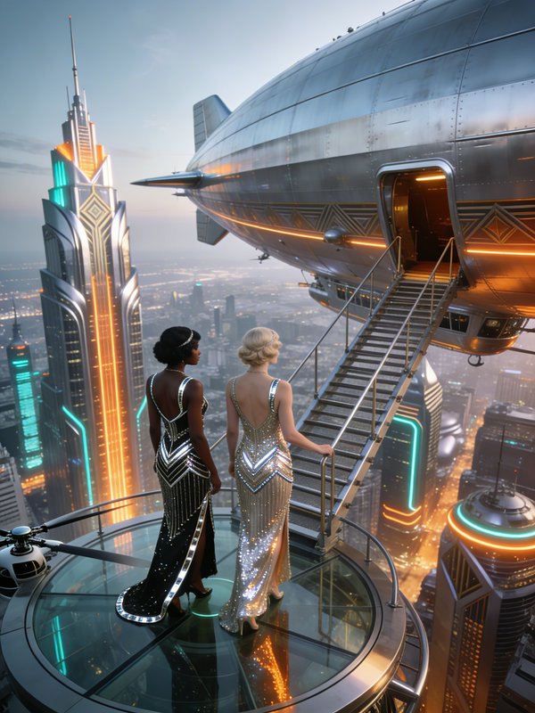 Two glamorous women in shimmering gowns on a glass platform beside a futuristic airship above a neon-lit city.