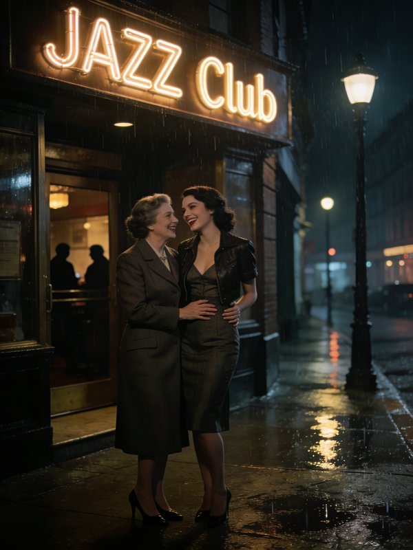 Two women in vintage dresses laugh and embrace outside a glowing Jazz Club on a rainy night.