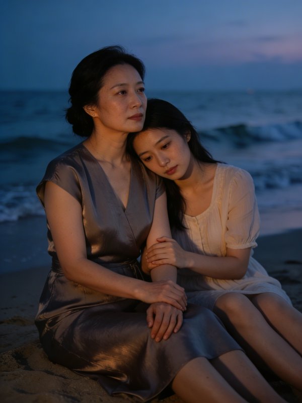 Two women sit on a beach at twilight, one resting her head on the other’s shoulder, holding hands.
